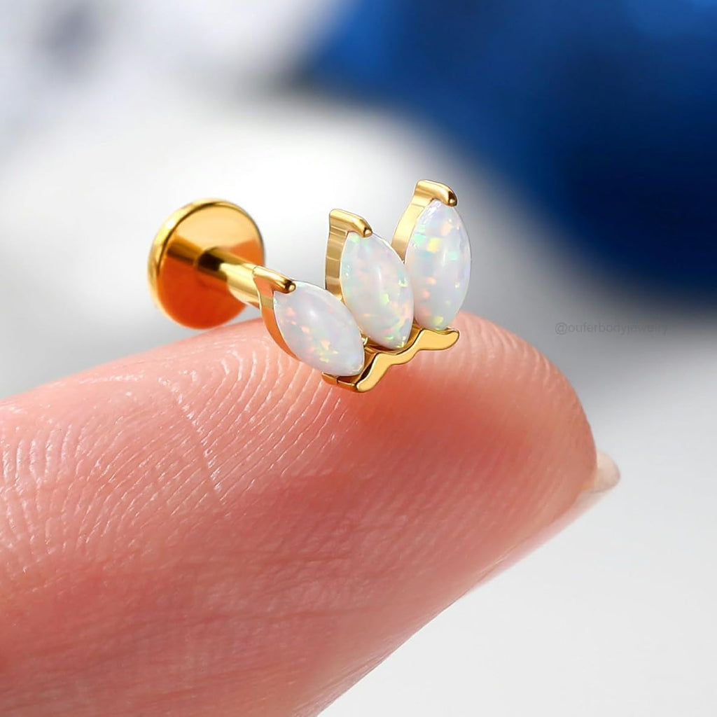 Gold Helix Piercing Jewelry 16G 6/8MM Opal Leaf Forward Helix Earrings, 316L Surgical Steel Flat Back Push Pin Labret Lip Cartilage Tragus Piercing Jewelry - QIAO CrystalQIAO CrystalQIAO Crystal