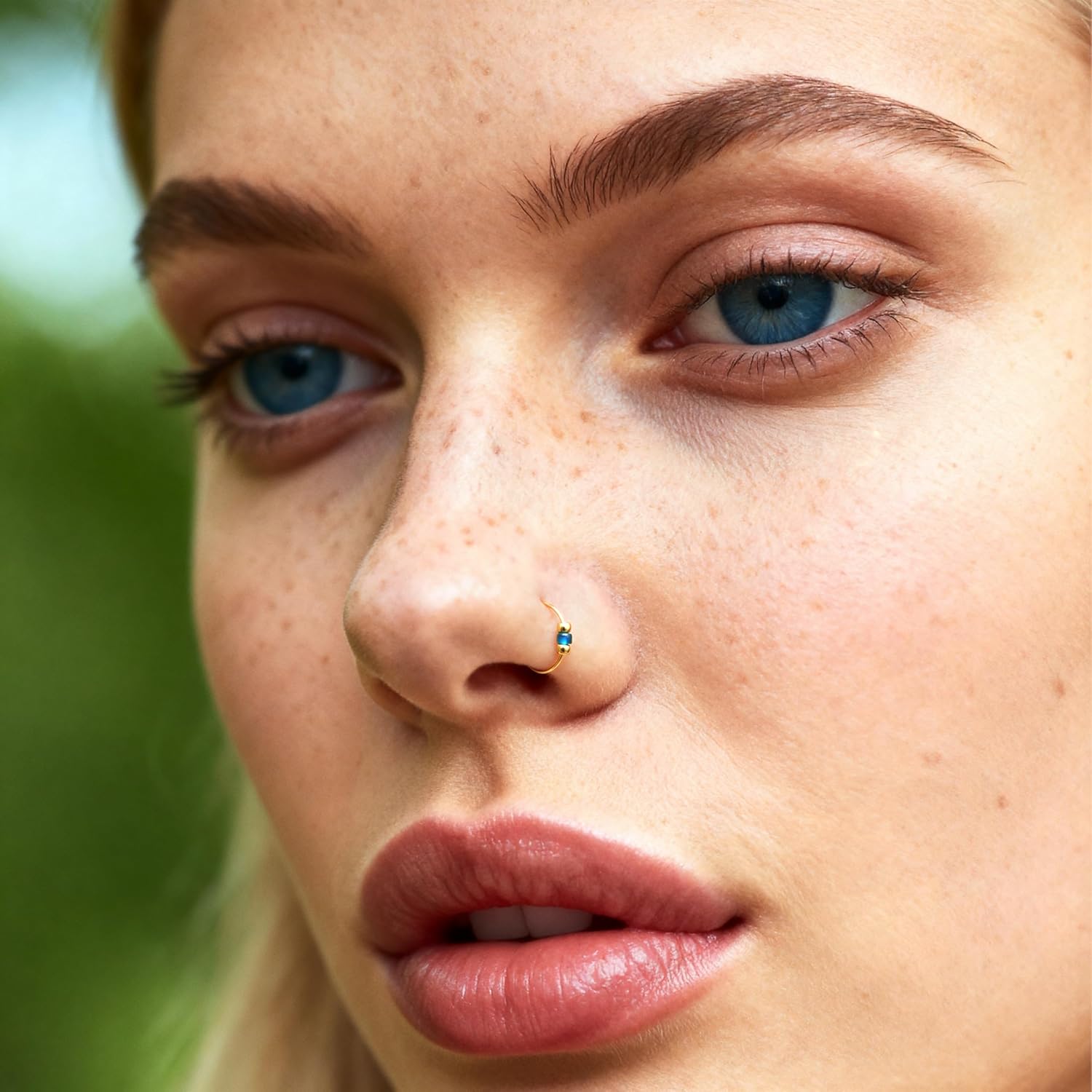 Gold Nose Ring - Thin Small 24 Gauge 7mm Nose Piercing Hoop With Blue Gem - 14k Gold Filled Nose Rings For Women - Handmade Nose Jewelry - Gift Ready - QIAO CrystalQIAO CrystalQIAO Crystal