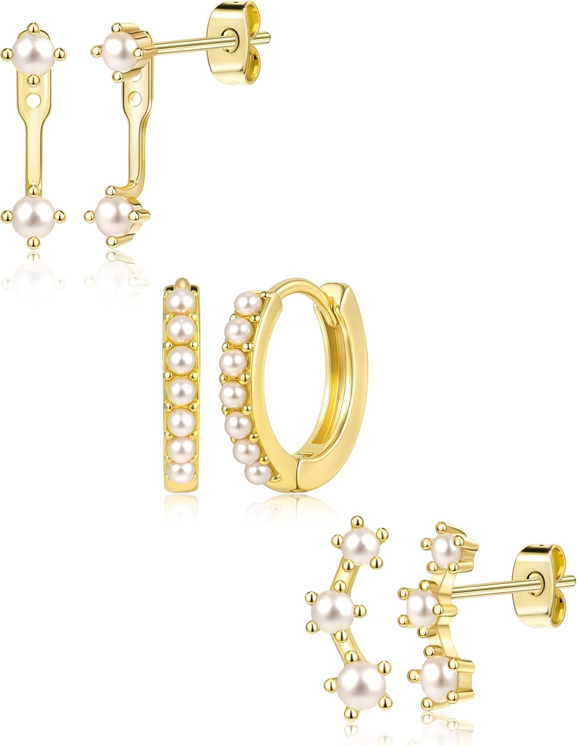 Gold Plated Stud Earrings Stack for Women Trendy, 3 Pairs Small Cute Hoop Jacket Cartilage Earring Set, Fashion Accessories Holiday Western Jewelry Christmas Gifts - 我的商店我的商店我的商店