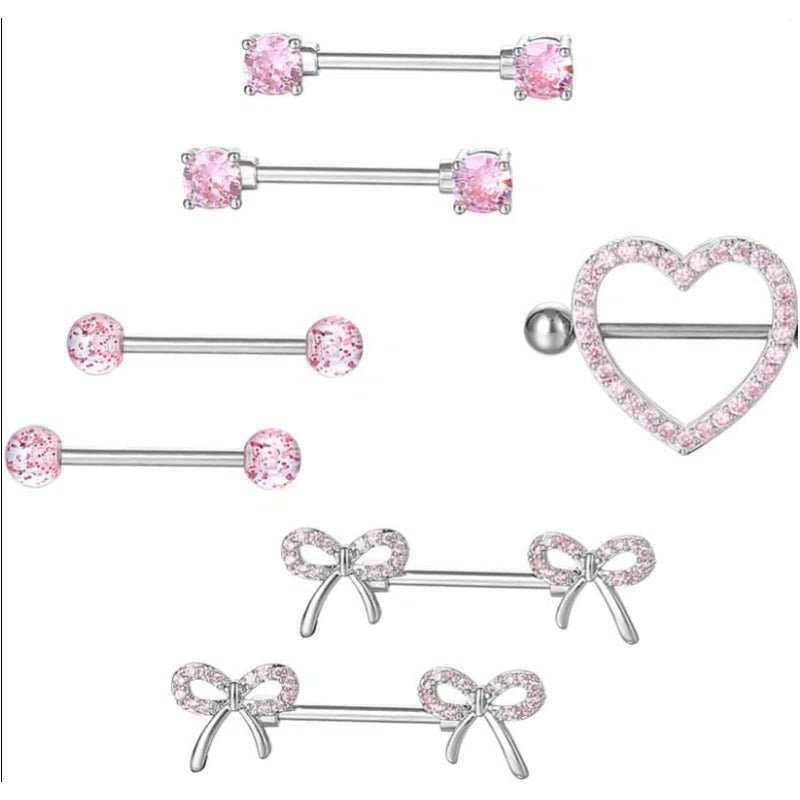 Heart/Bow/Sparkling Diamond Pink Crystal Surgical Steel Nipple Rings Piercing Jewelry - QIAO CrystalQIAO CrystalQIAO Crystal