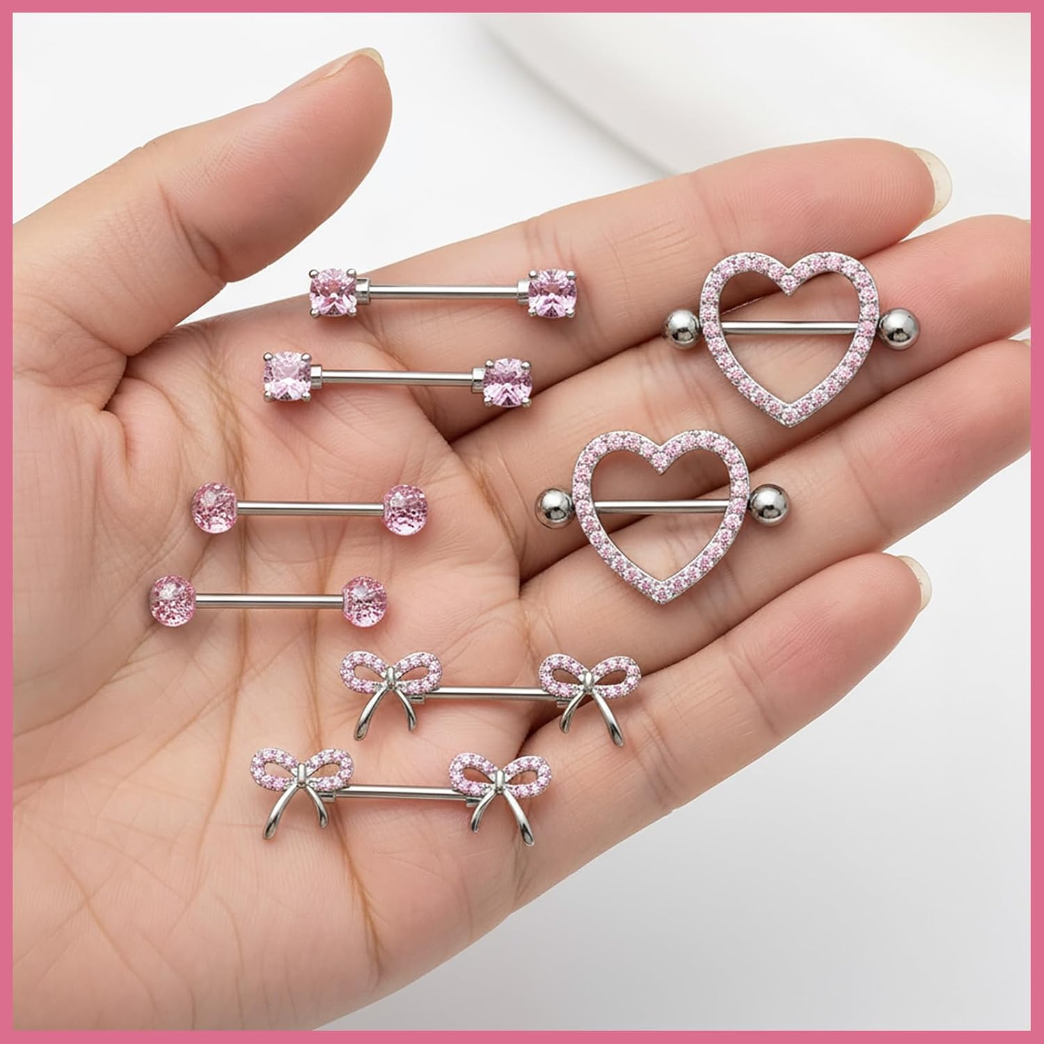 Heart/Bow/Sparkling Diamond Pink Crystal Surgical Steel Nipple Rings Piercing Jewelry - QIAO CrystalQIAO CrystalQIAO Crystal