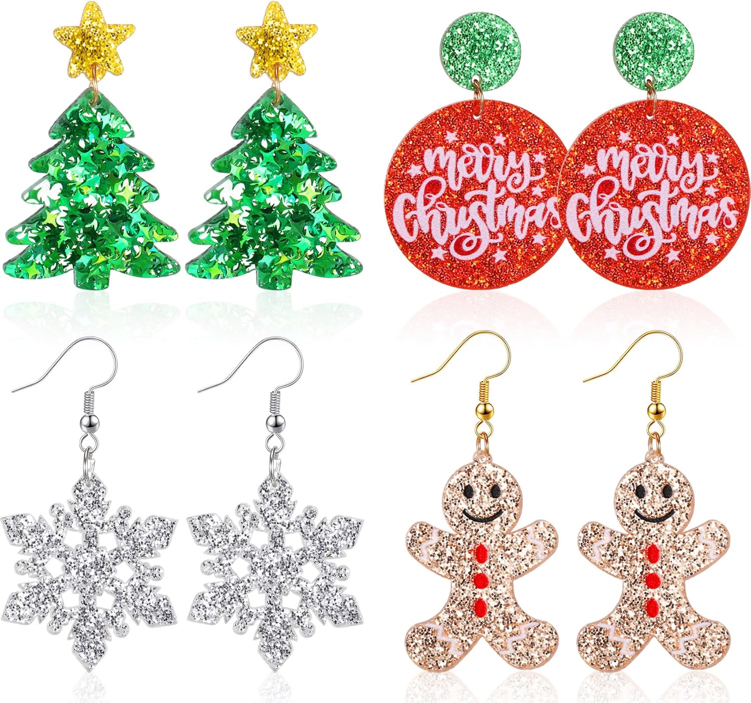 Hicarer 4 Pairs Christmas Dangle Earrings Set Christmas Tree Bell Light Bulbs Hoop Earrings for Holiday Women - QIAO Crystal我的商店QIAO Crystal