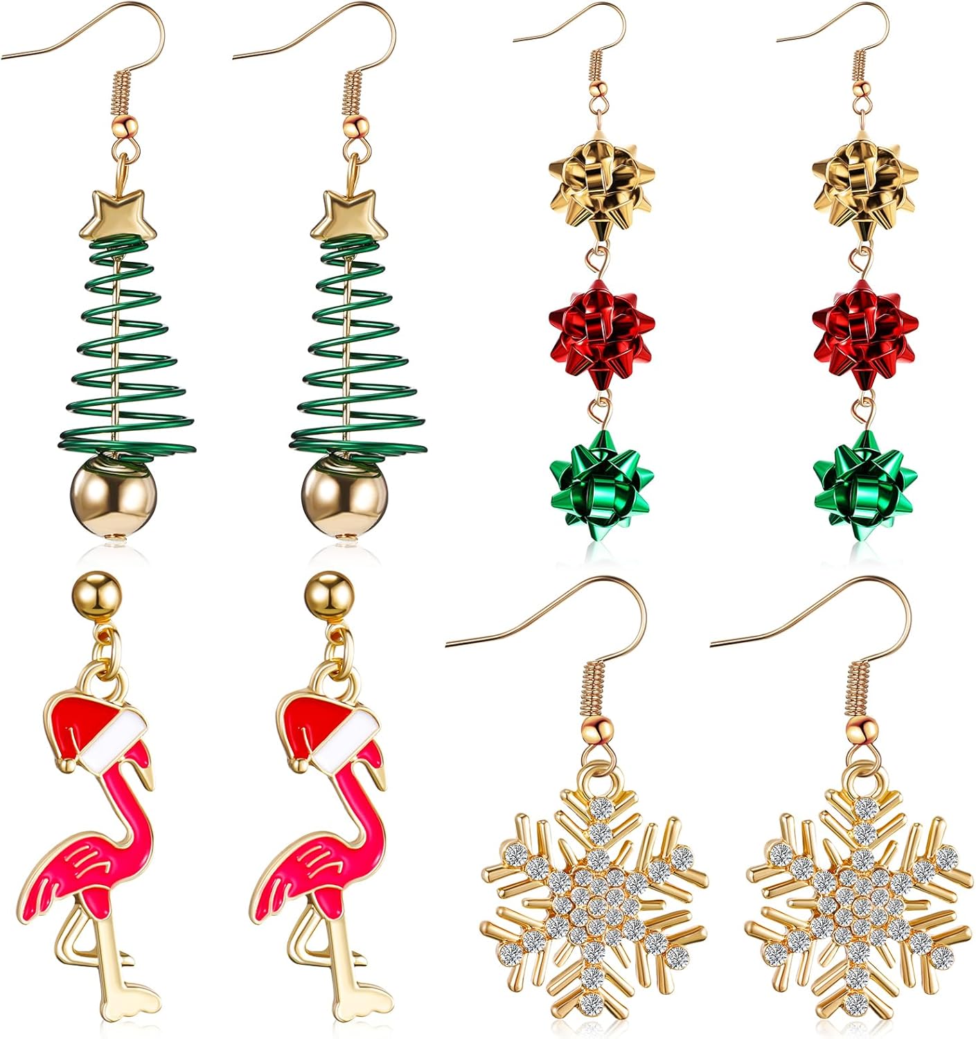 Hicarer 4 Pairs Christmas Dangle Earrings Set Christmas Tree Bell Light Bulbs Hoop Earrings for Holiday Women - QIAO Crystal我的商店QIAO Crystal