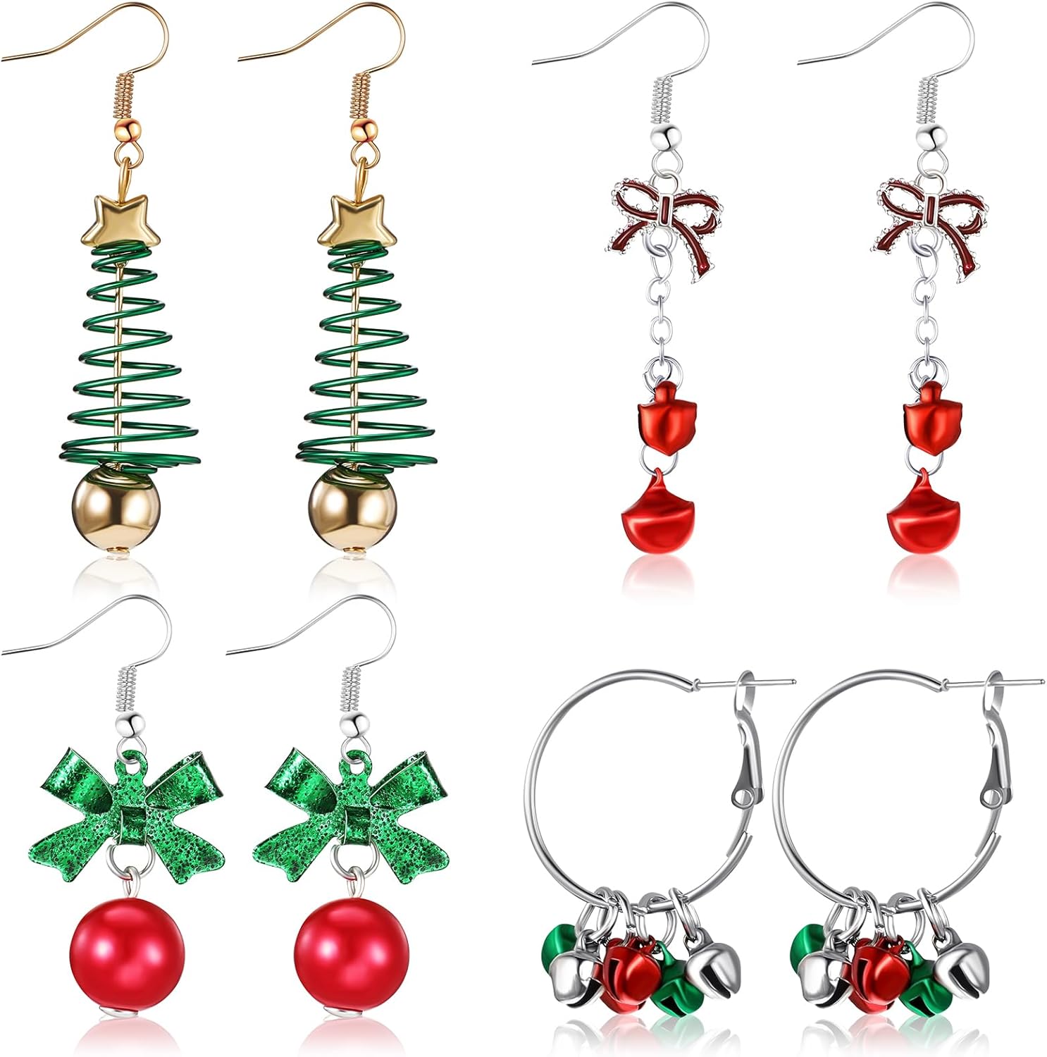 Hicarer 4 Pairs Christmas Dangle Earrings Set Christmas Tree Bell Light Bulbs Hoop Earrings for Holiday Women - QIAO Crystal我的商店QIAO Crystal
