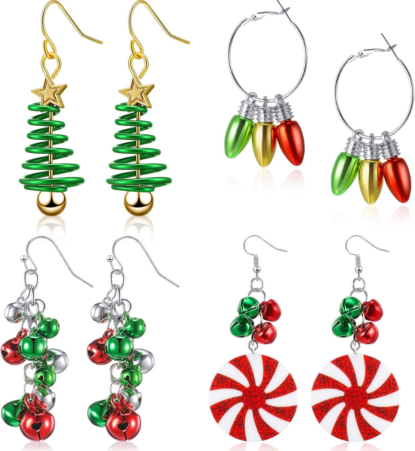 Hicarer 4 Pairs Christmas Dangle Earrings Set Christmas Tree Bell Light Bulbs Hoop Earrings for Holiday Women - QIAO Crystal我的商店QIAO Crystal