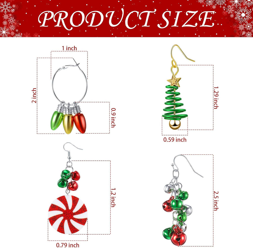 Hicarer 4 Pairs Christmas Dangle Earrings Set Christmas Tree Bell Light Bulbs Hoop Earrings for Holiday Women - QIAO Crystal我的商店QIAO Crystal