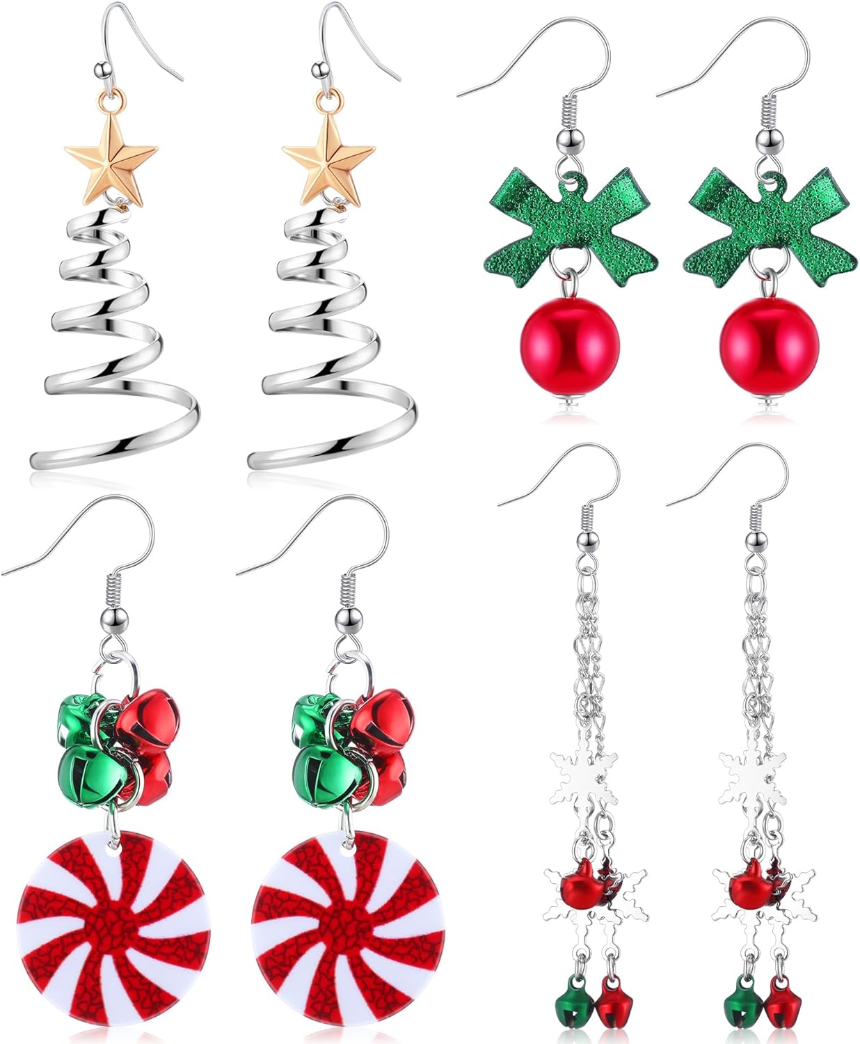 Hicarer 4 Pairs Christmas Dangle Earrings Set Christmas Tree Bell Light Bulbs Hoop Earrings for Holiday Women - QIAO Crystal我的商店QIAO Crystal