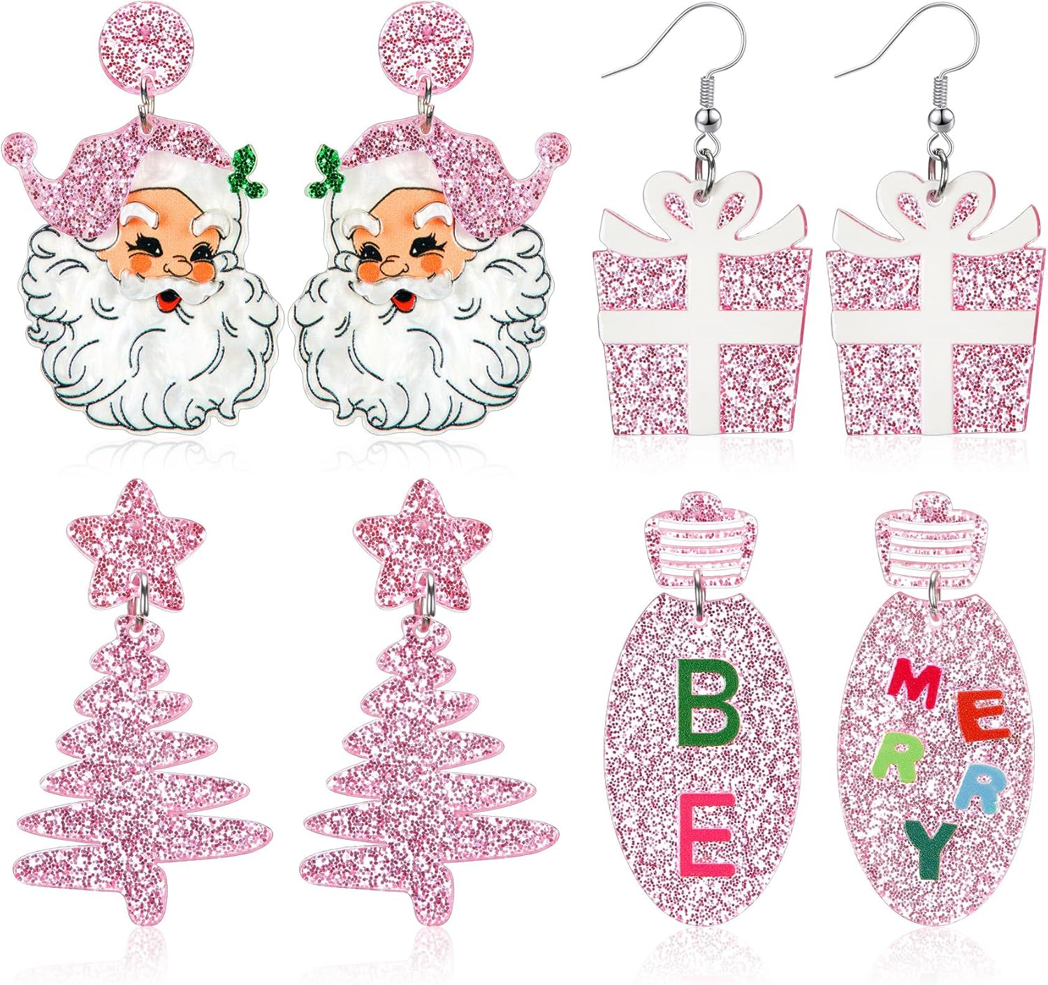 Hicarer 4 Pairs Christmas Dangle Earrings Set Christmas Tree Bell Light Bulbs Hoop Earrings for Holiday Women - QIAO Crystal我的商店QIAO Crystal