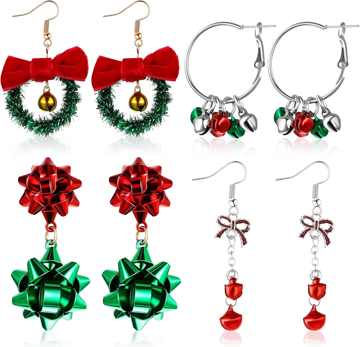 Hicarer 4 Pairs Christmas Dangle Earrings Set Christmas Tree Bell Light Bulbs Hoop Earrings for Holiday Women - QIAO Crystal我的商店QIAO Crystal