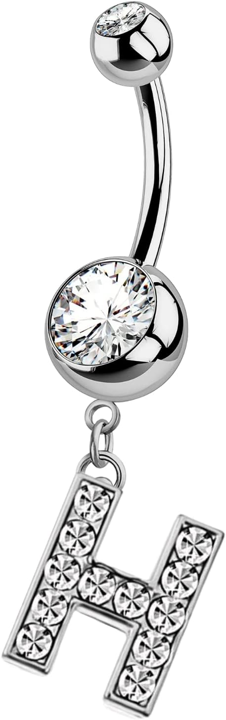HighSpark Initial Belly Button Rings - 316L Surgical Steel - 14G(1.6mm) - AAA+ CZ Crystals - Silver A - Z Letter Belly Button Rings - 我的商店我的商店我的商店