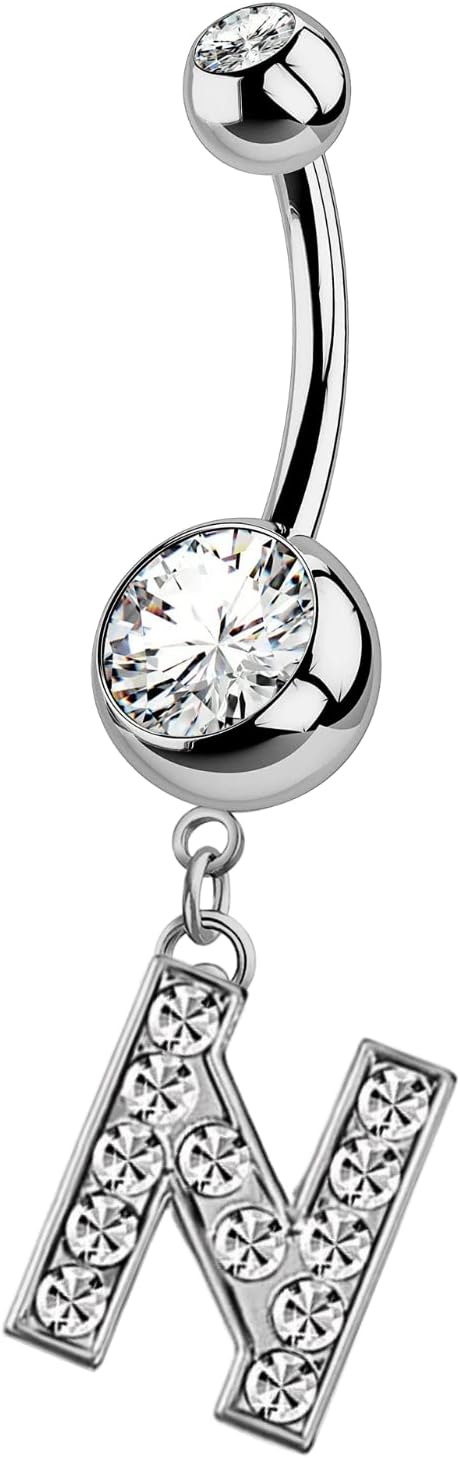 HighSpark Initial Belly Button Rings - 316L Surgical Steel - 14G(1.6mm) - AAA+ CZ Crystals - Silver A - Z Letter Belly Button Rings - 我的商店我的商店我的商店