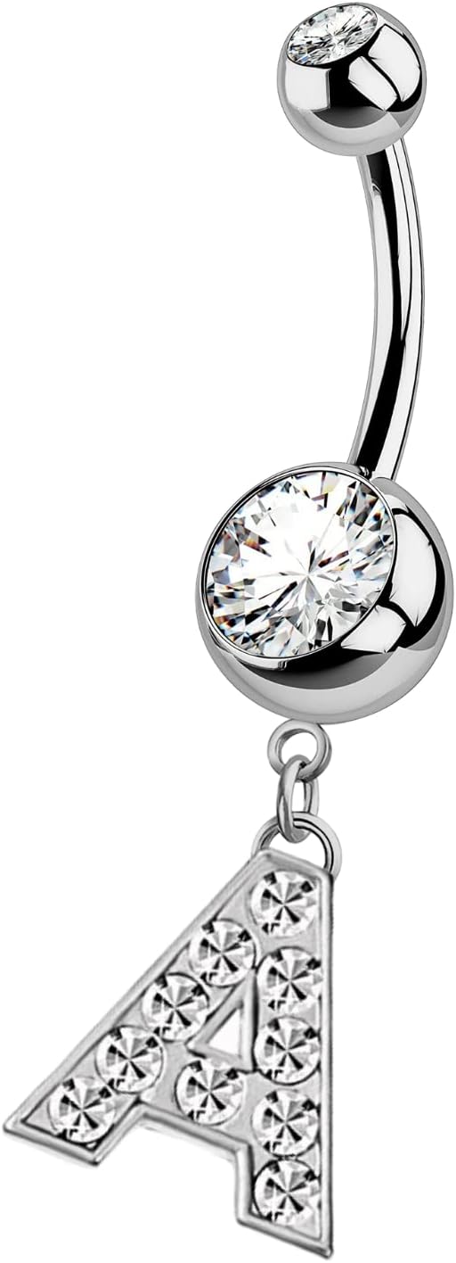 HighSpark Initial Belly Button Rings - 316L Surgical Steel - 14G(1.6mm) - AAA+ CZ Crystals - Silver A - Z Letter Belly Button Rings - 我的商店我的商店我的商店
