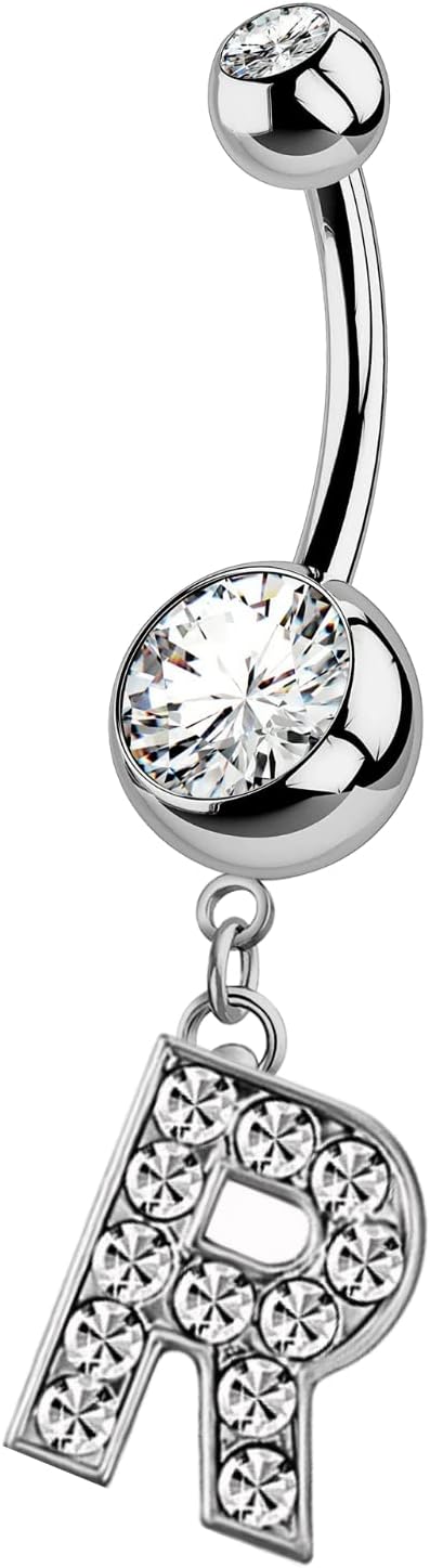 HighSpark Initial Belly Button Rings - 316L Surgical Steel - 14G(1.6mm) - AAA+ CZ Crystals - Silver A - Z Letter Belly Button Rings - 我的商店我的商店我的商店