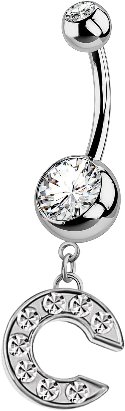 HighSpark Initial Belly Button Rings - 316L Surgical Steel - 14G(1.6mm) - AAA+ CZ Crystals - Silver A - Z Letter Belly Button Rings - 我的商店我的商店我的商店