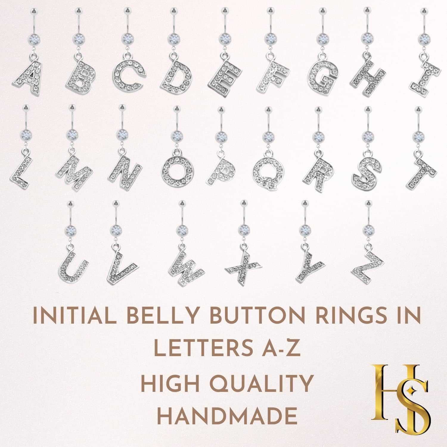 HighSpark Initial Belly Button Rings - 316L Surgical Steel - 14G(1.6mm) - AAA+ CZ Crystals - Silver A - Z Letter Belly Button Rings - 我的商店我的商店我的商店