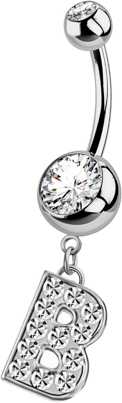 HighSpark Initial Belly Button Rings - 316L Surgical Steel - 14G(1.6mm) - AAA+ CZ Crystals - Silver A - Z Letter Belly Button Rings - 我的商店我的商店我的商店