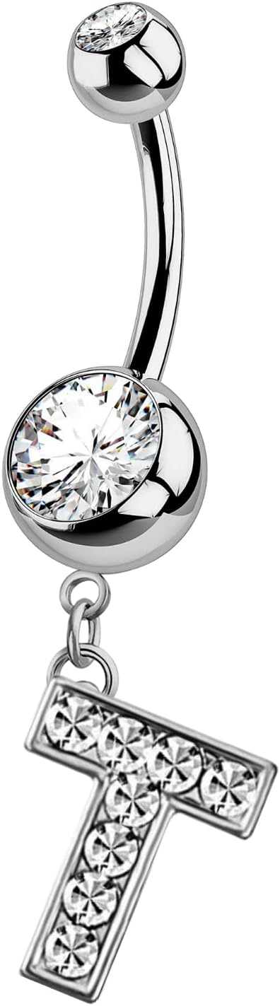 HighSpark Initial Belly Button Rings - 316L Surgical Steel - 14G(1.6mm) - AAA+ CZ Crystals - Silver A - Z Letter Belly Button Rings - 我的商店我的商店我的商店