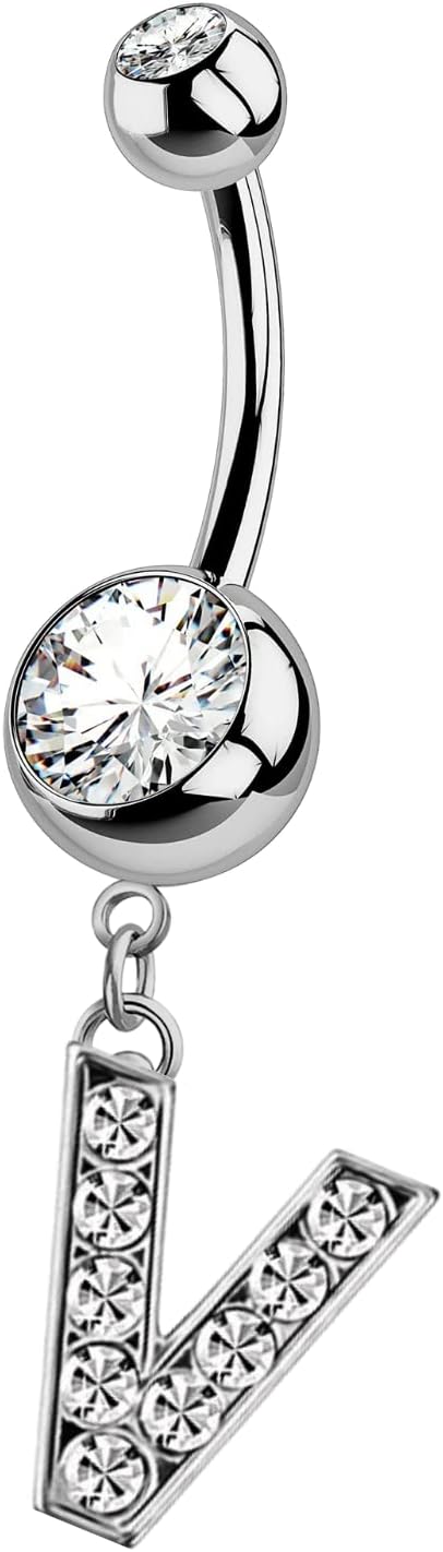 HighSpark Initial Belly Button Rings - 316L Surgical Steel - 14G(1.6mm) - AAA+ CZ Crystals - Silver A - Z Letter Belly Button Rings - 我的商店我的商店我的商店