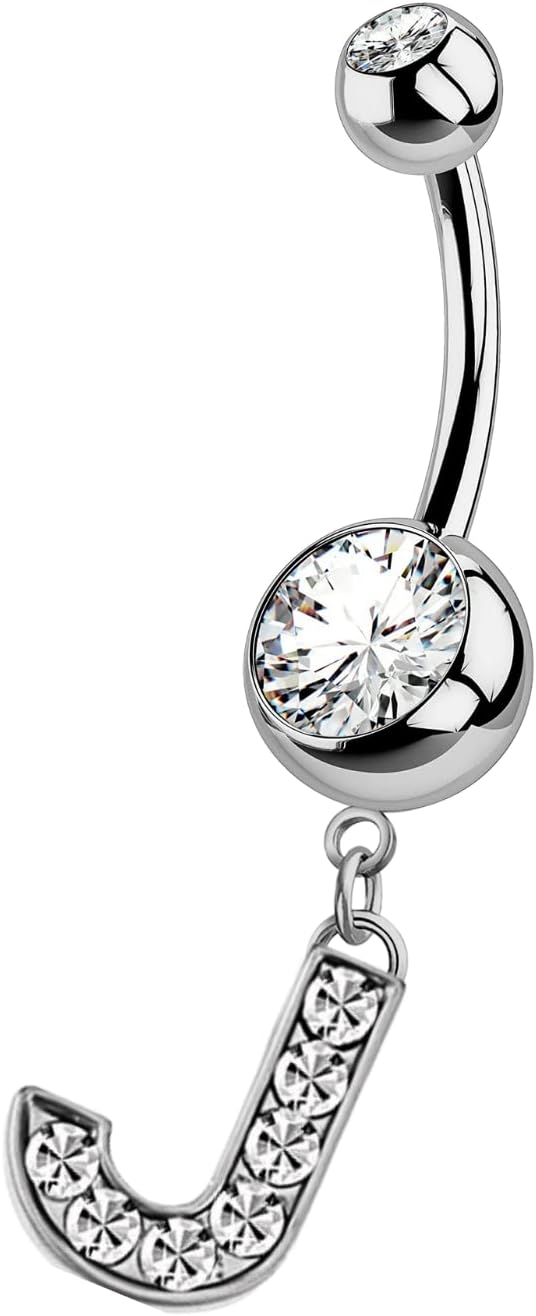 HighSpark Initial Belly Button Rings - 316L Surgical Steel - 14G(1.6mm) - AAA+ CZ Crystals - Silver A - Z Letter Belly Button Rings - 我的商店我的商店我的商店