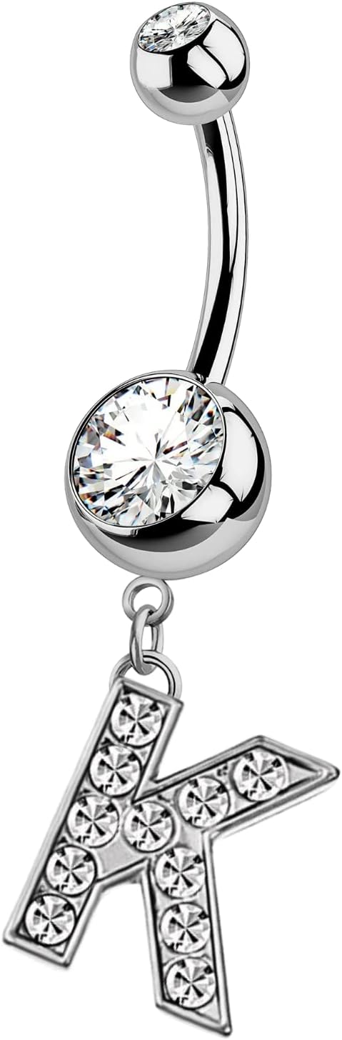 HighSpark Initial Belly Button Rings - 316L Surgical Steel - 14G(1.6mm) - AAA+ CZ Crystals - Silver A - Z Letter Belly Button Rings - 我的商店我的商店我的商店