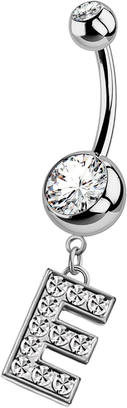 HighSpark Initial Belly Button Rings - 316L Surgical Steel - 14G(1.6mm) - AAA+ CZ Crystals - Silver A - Z Letter Belly Button Rings - 我的商店我的商店我的商店