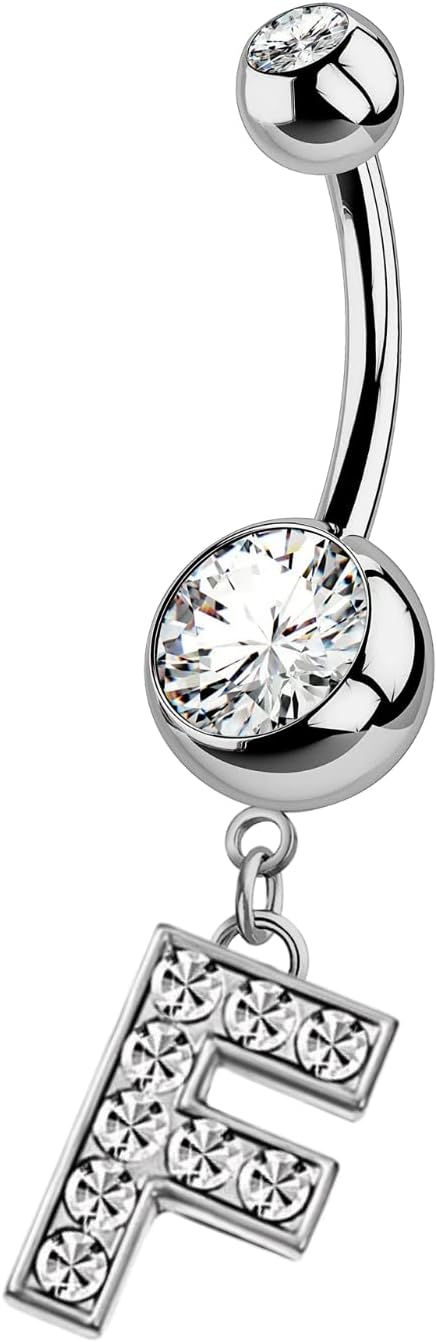 HighSpark Initial Belly Button Rings - 316L Surgical Steel - 14G(1.6mm) - AAA+ CZ Crystals - Silver A - Z Letter Belly Button Rings - 我的商店我的商店我的商店