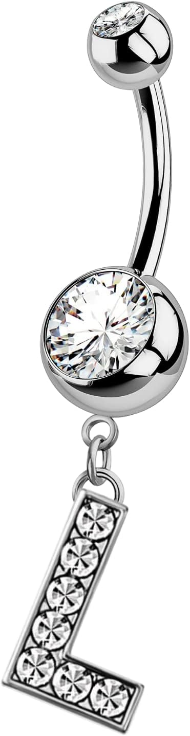 HighSpark Initial Belly Button Rings - 316L Surgical Steel - 14G(1.6mm) - AAA+ CZ Crystals - Silver A - Z Letter Belly Button Rings - 我的商店我的商店我的商店