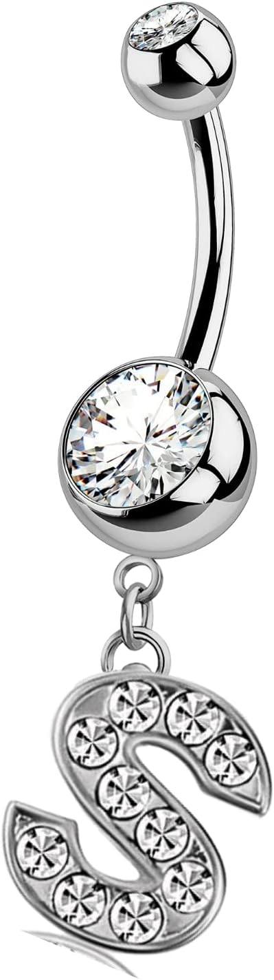 HighSpark Initial Belly Button Rings - 316L Surgical Steel - 14G(1.6mm) - AAA+ CZ Crystals - Silver A - Z Letter Belly Button Rings - 我的商店我的商店我的商店