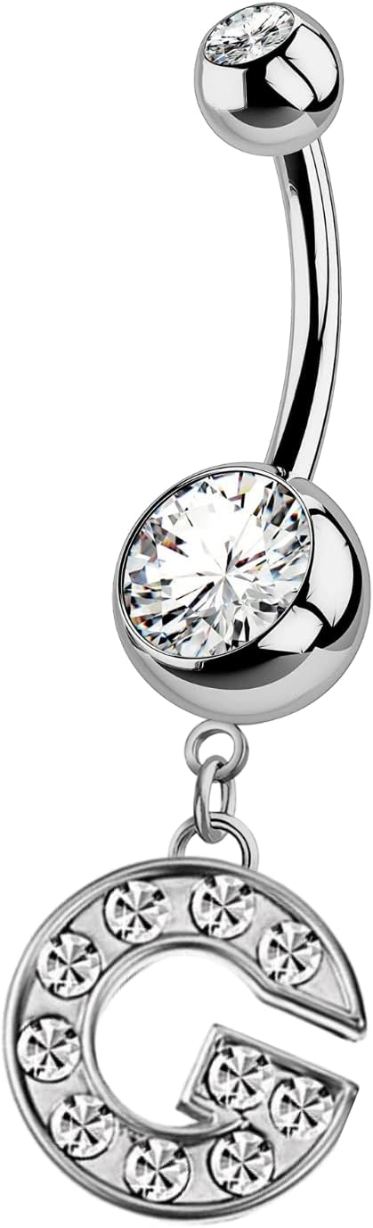 HighSpark Initial Belly Button Rings - 316L Surgical Steel - 14G(1.6mm) - AAA+ CZ Crystals - Silver A - Z Letter Belly Button Rings - 我的商店我的商店我的商店