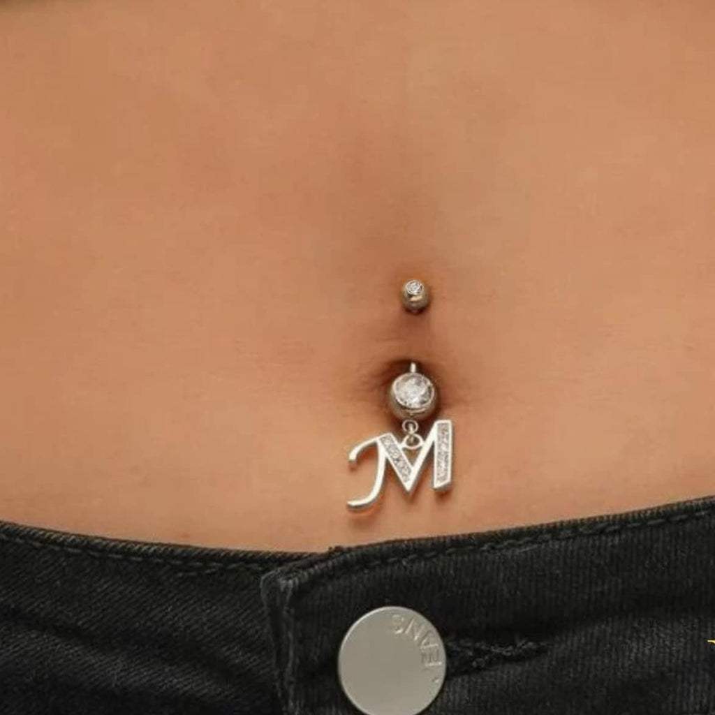 HighSpark Initial Belly Button Rings - 316L Surgical Steel - 14G(1.6mm) - AAA+ CZ Crystals - Silver A - Z Letter Belly Button Rings - 我的商店我的商店我的商店