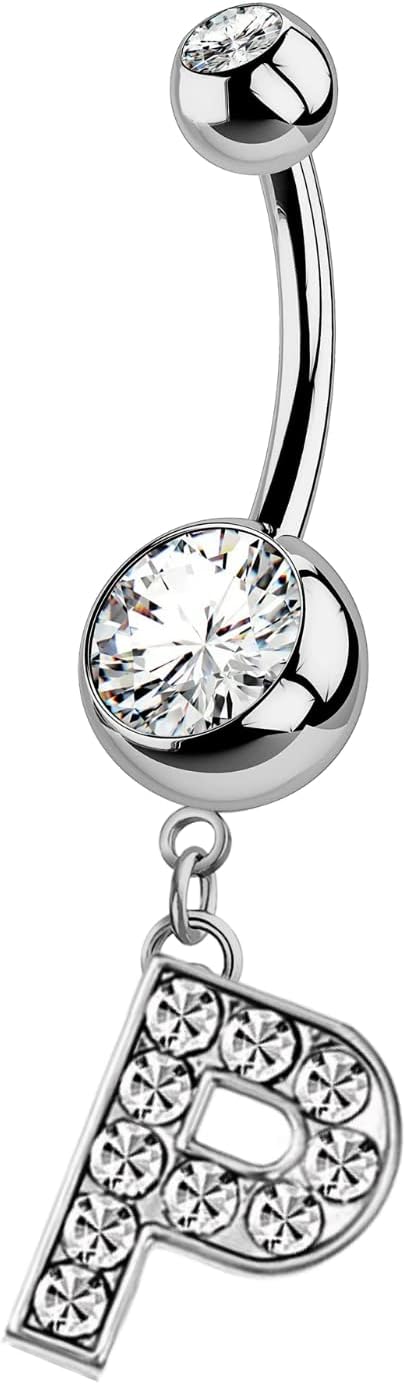 HighSpark Initial Belly Button Rings - 316L Surgical Steel - 14G(1.6mm) - AAA+ CZ Crystals - Silver A - Z Letter Belly Button Rings - 我的商店我的商店我的商店