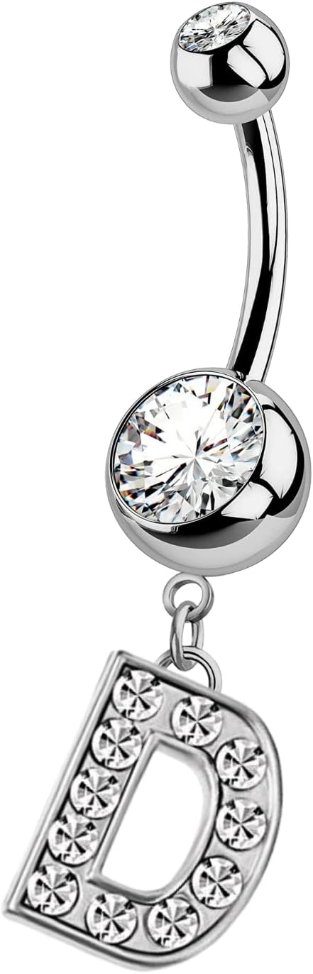 HighSpark Initial Belly Button Rings - 316L Surgical Steel - 14G(1.6mm) - AAA+ CZ Crystals - Silver A - Z Letter Belly Button Rings - 我的商店我的商店我的商店