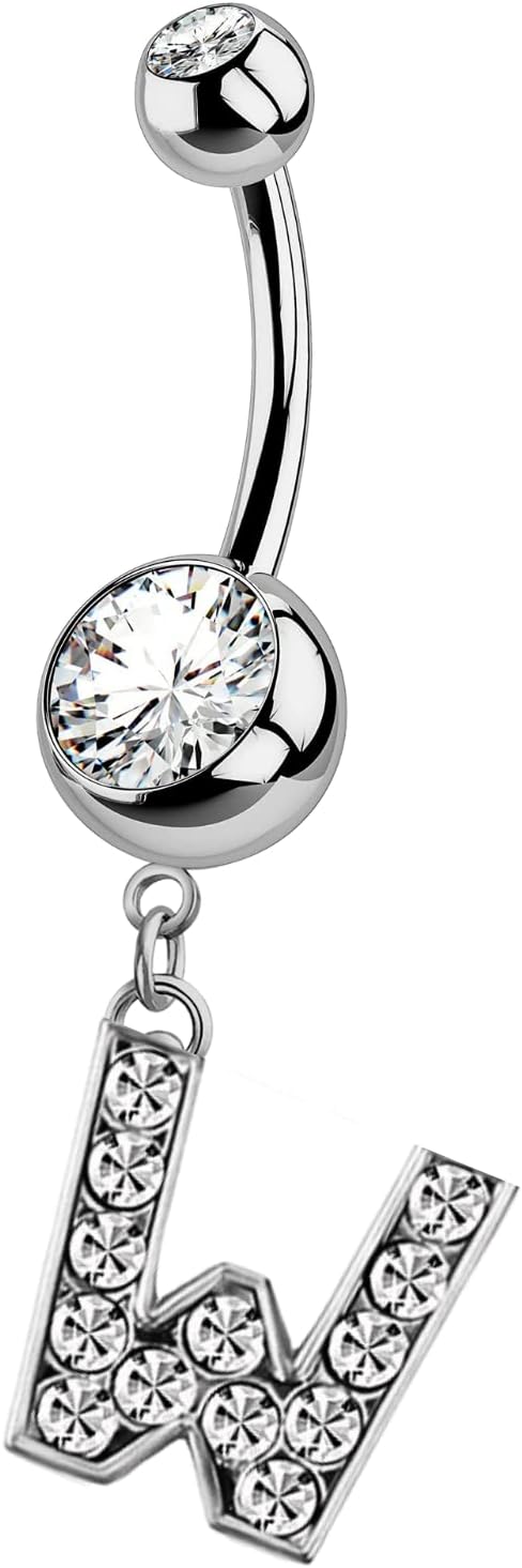 HighSpark Initial Belly Button Rings - 316L Surgical Steel - 14G(1.6mm) - AAA+ CZ Crystals - Silver A - Z Letter Belly Button Rings - 我的商店我的商店我的商店