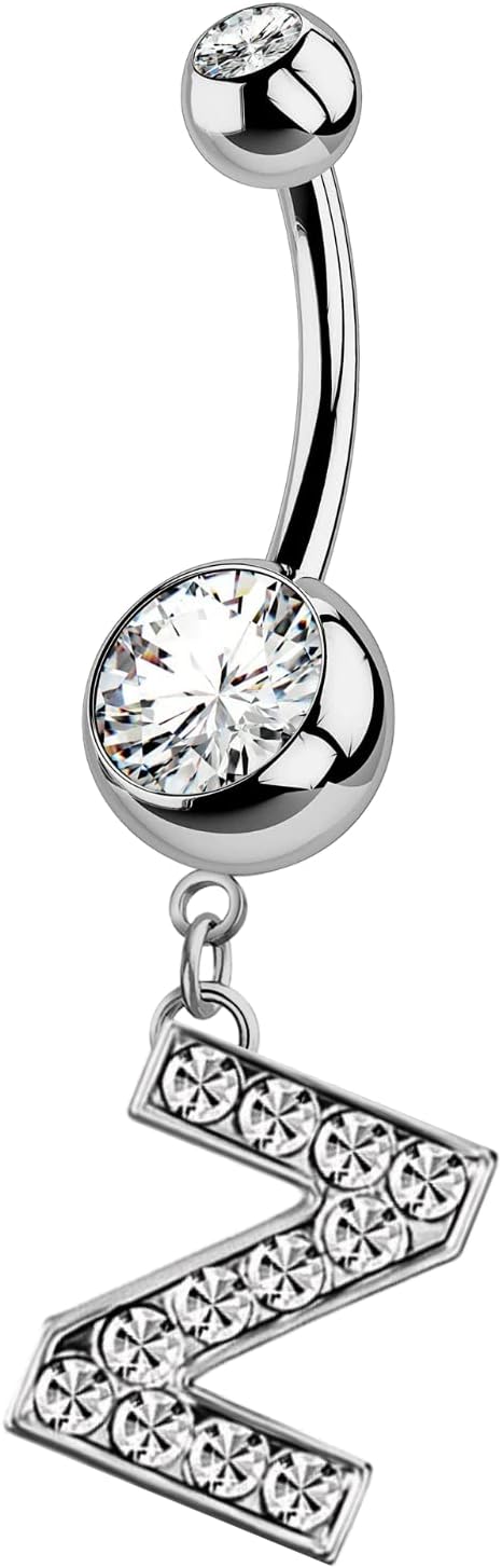 HighSpark Initial Belly Button Rings - 316L Surgical Steel - 14G(1.6mm) - AAA+ CZ Crystals - Silver A - Z Letter Belly Button Rings - 我的商店我的商店我的商店