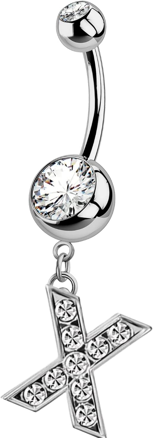 HighSpark Initial Belly Button Rings - 316L Surgical Steel - 14G(1.6mm) - AAA+ CZ Crystals - Silver A - Z Letter Belly Button Rings - 我的商店我的商店我的商店