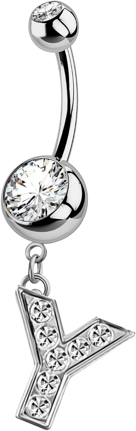 HighSpark Initial Belly Button Rings - 316L Surgical Steel - 14G(1.6mm) - AAA+ CZ Crystals - Silver A - Z Letter Belly Button Rings - 我的商店我的商店我的商店