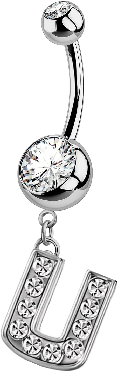 HighSpark Initial Belly Button Rings - 316L Surgical Steel - 14G(1.6mm) - AAA+ CZ Crystals - Silver A - Z Letter Belly Button Rings - 我的商店我的商店我的商店