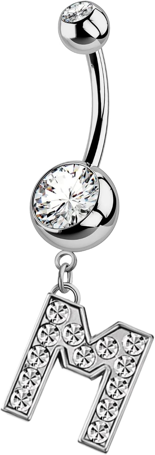HighSpark Initial Belly Button Rings - 316L Surgical Steel - 14G(1.6mm) - AAA+ CZ Crystals - Silver A - Z Letter Belly Button Rings - 我的商店我的商店我的商店