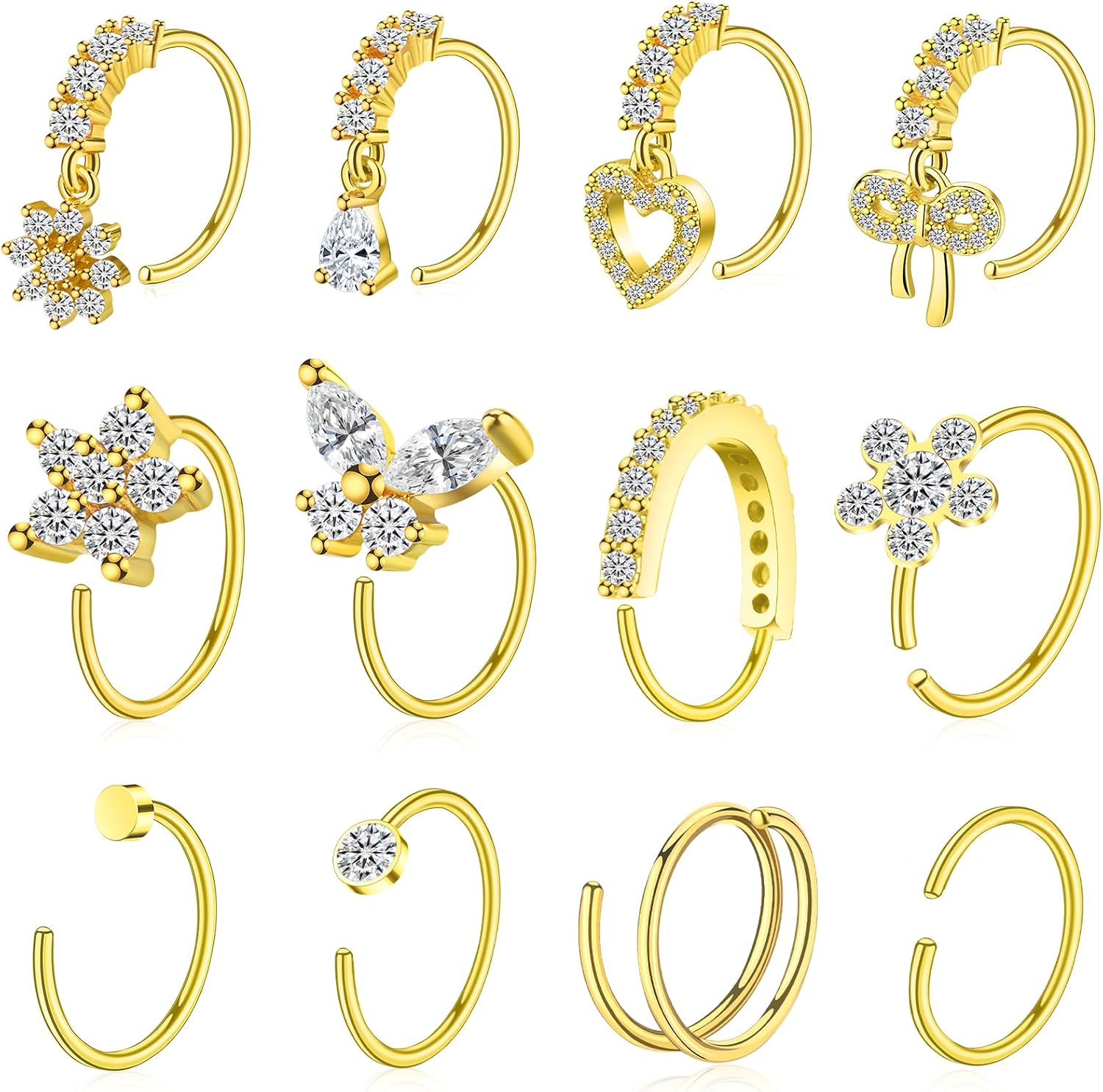 Hoop Nose Rings for Women Nose Piercings 20G Stainless Steel Nose Rings Hoops Heart Butterfly Flower Bow Teardrop Double Nose Hoops Gold Plated Silver Pink Clear CZ Nose Piercing Jewelry - QIAO CrystalQIAO CrystalQIAO Crystal