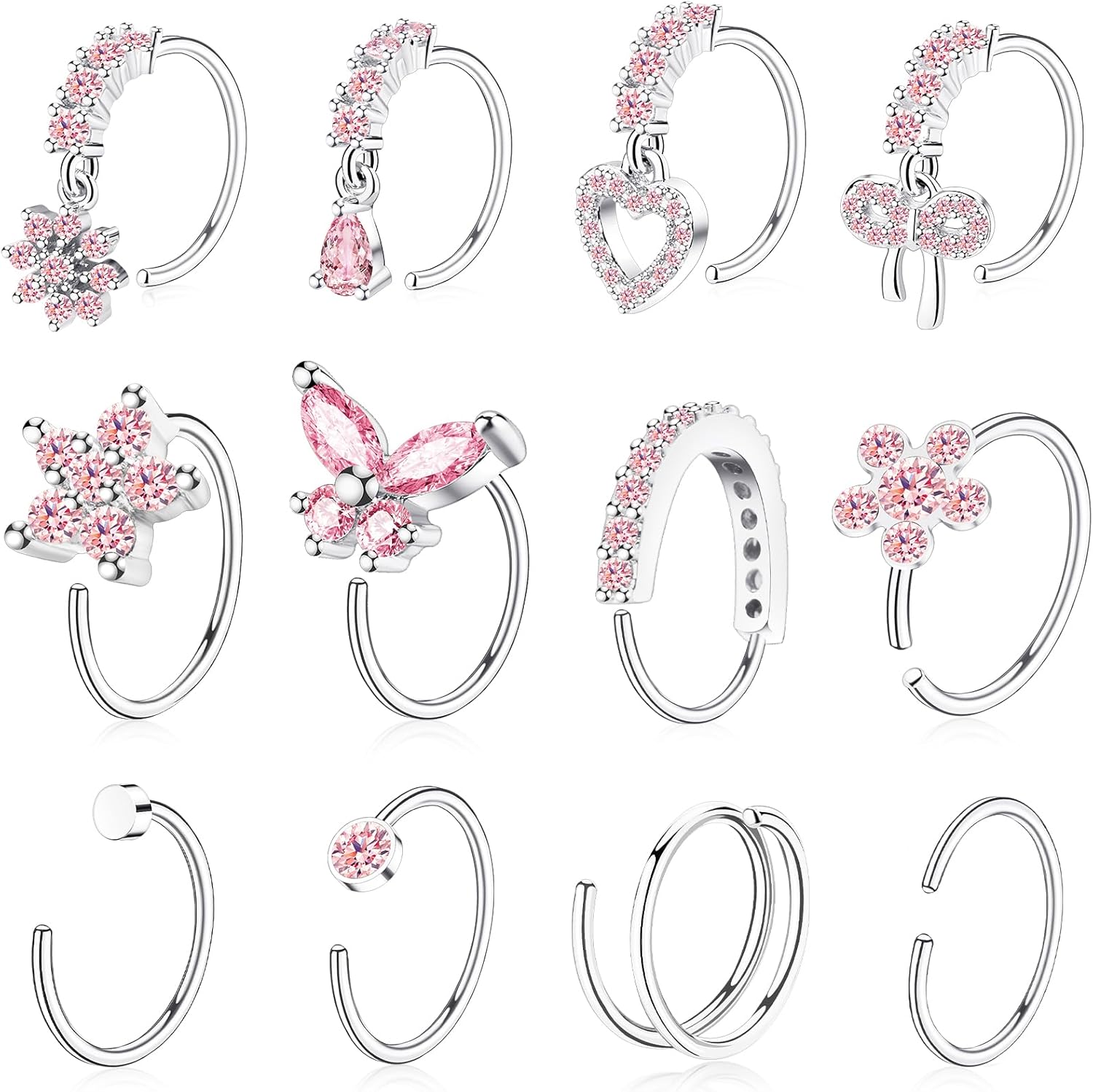 Hoop Nose Rings for Women Nose Piercings 20G Stainless Steel Nose Rings Hoops Heart Butterfly Flower Bow Teardrop Double Nose Hoops Gold Plated Silver Pink Clear CZ Nose Piercing Jewelry - QIAO CrystalQIAO CrystalQIAO Crystal