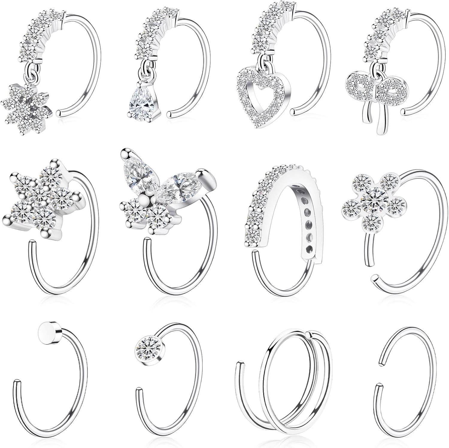 Hoop Nose Rings for Women Nose Piercings 20G Stainless Steel Nose Rings Hoops Heart Butterfly Flower Bow Teardrop Double Nose Hoops Gold Plated Silver Pink Clear CZ Nose Piercing Jewelry - QIAO CrystalQIAO CrystalQIAO Crystal