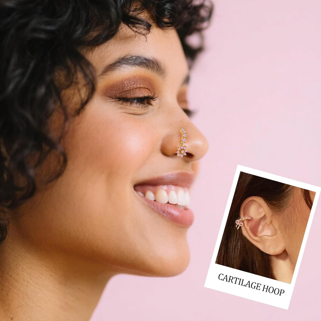 Hoop Nose Rings for Women Nose Piercings 20G Stainless Steel Nose Rings Hoops Heart Butterfly Flower Bow Teardrop Double Nose Hoops Gold Plated Silver Pink Clear CZ Nose Piercing Jewelry - QIAO CrystalQIAO CrystalQIAO Crystal