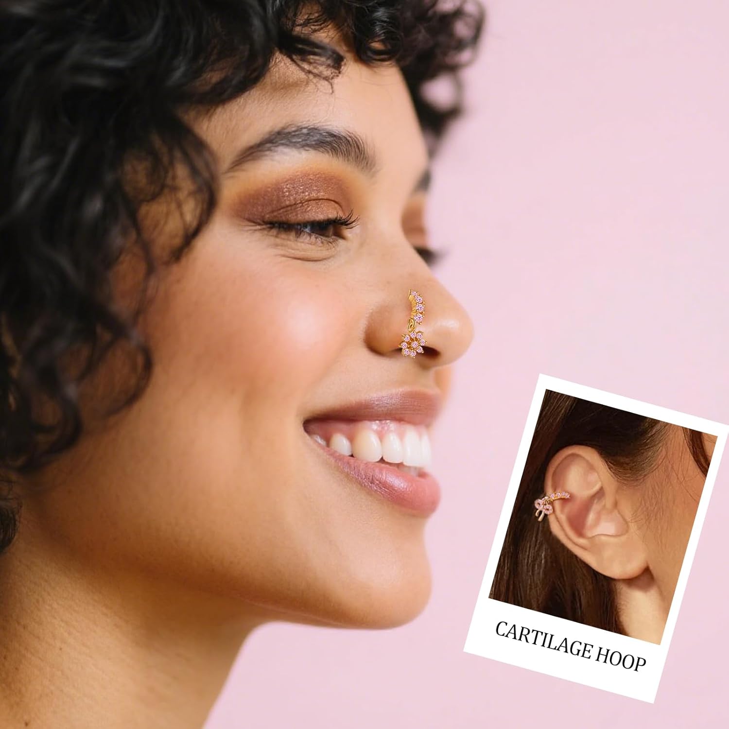 Hoop Nose Rings for Women Nose Piercings 20G Stainless Steel Nose Rings Hoops Heart Butterfly Flower Bow Teardrop Double Nose Hoops Gold Plated Silver Pink Clear CZ Nose Piercing Jewelry - QIAO CrystalQIAO CrystalQIAO Crystal