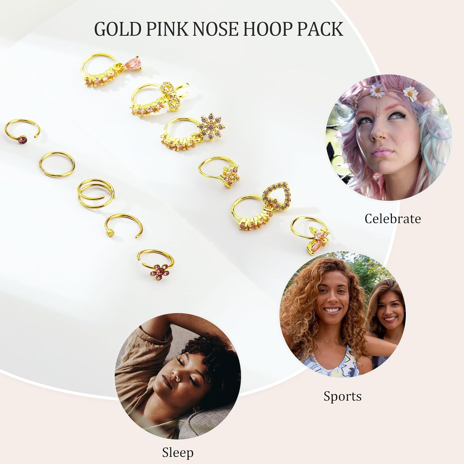 Hoop Nose Rings for Women Nose Piercings 20G Stainless Steel Nose Rings Hoops Heart Butterfly Flower Bow Teardrop Double Nose Hoops Gold Plated Silver Pink Clear CZ Nose Piercing Jewelry - QIAO CrystalQIAO CrystalQIAO Crystal