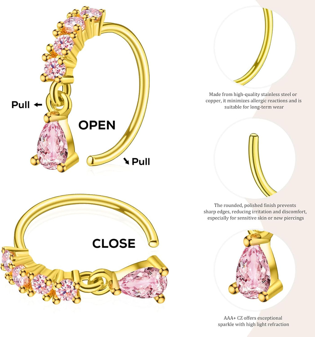 Hoop Nose Rings for Women Nose Piercings 20G Stainless Steel Nose Rings Hoops Heart Butterfly Flower Bow Teardrop Double Nose Hoops Gold Plated Silver Pink Clear CZ Nose Piercing Jewelry - QIAO CrystalQIAO CrystalQIAO Crystal