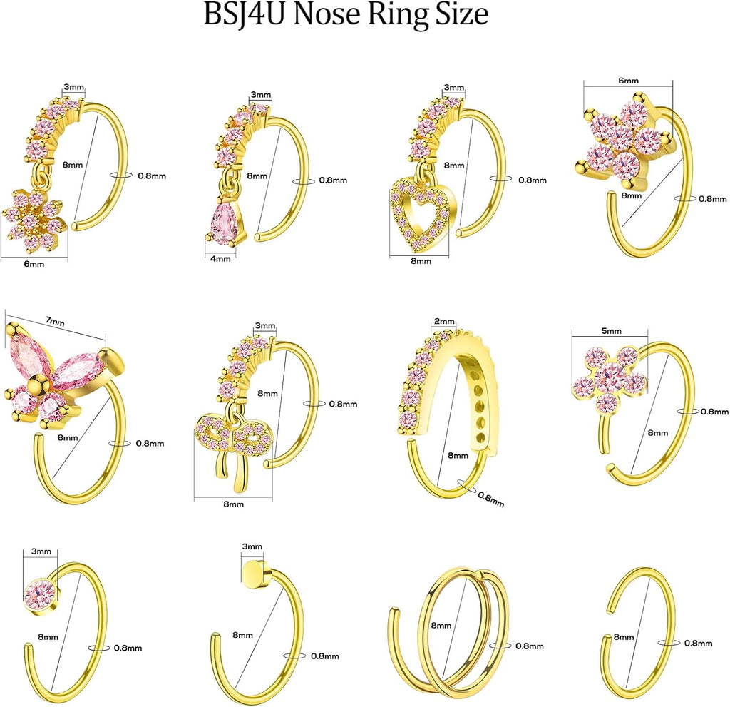 Hoop Nose Rings for Women Nose Piercings 20G Stainless Steel Nose Rings Hoops Heart Butterfly Flower Bow Teardrop Double Nose Hoops Gold Plated Silver Pink Clear CZ Nose Piercing Jewelry - QIAO CrystalQIAO CrystalQIAO Crystal