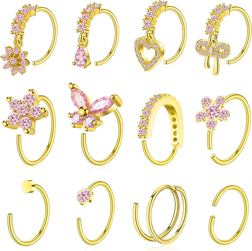 Hoop Nose Rings for Women Nose Piercings 20G Stainless Steel Nose Rings Hoops Heart Butterfly Flower Bow Teardrop Double Nose Hoops Gold Plated Silver Pink Clear CZ Nose Piercing Jewelry - QIAO CrystalQIAO CrystalQIAO Crystal