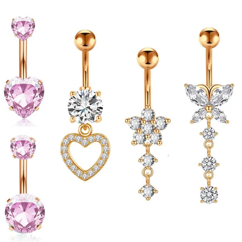 Hot Sale 5 Pieces Heart Navel Ring Set Stainless Steel Body Piercing Jewelry Zircon Heart Combination - QIAO CrystalQIAO CrystalQIAO Crystal