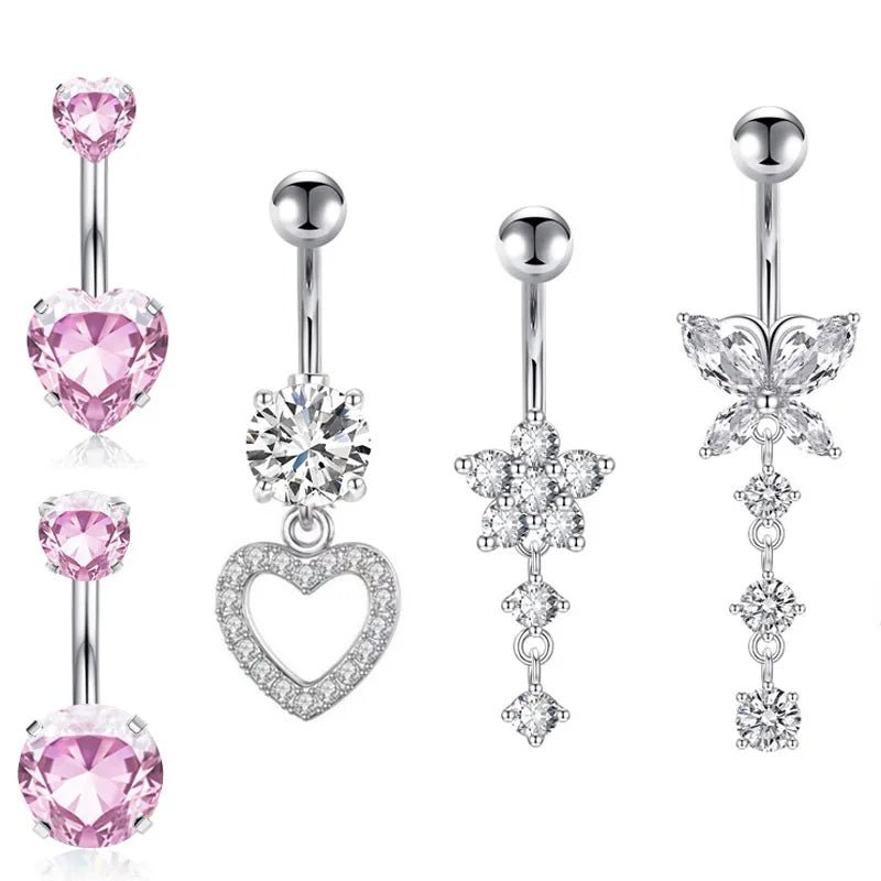 Hot Sale 5 Pieces Heart Navel Ring Set Stainless Steel Body Piercing Jewelry Zircon Heart Combination - QIAO CrystalQIAO CrystalQIAO Crystal