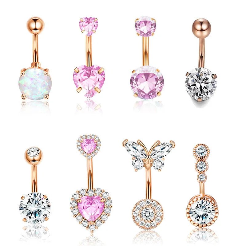 Hot Sale 8 Pieces Butterfly Umbilical Cord Ring Pendant Heart Shape Micro - inlaid Zircon Stainless Steel Fashion Piercing - QIAO CrystalQIAO CrystalQIAO Crystal